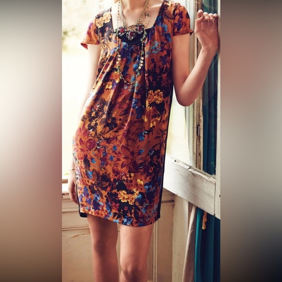 Maeve Dresses & Skirts - Maeve Anthropologie Pintura Silk Mini Shift Dress Medium Brown Motif